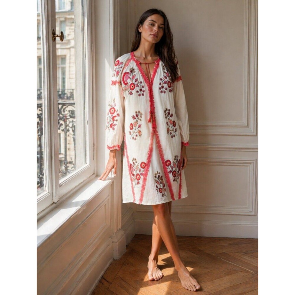 Ranna Gill Anthropologie Oversized Embroidered White Dress Coral Pink Trim XS
